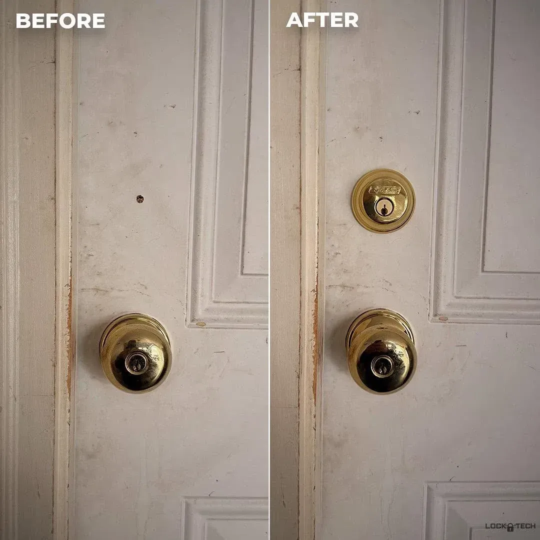 Before-and-after of a white door with a deadbolt added above the doorknob.