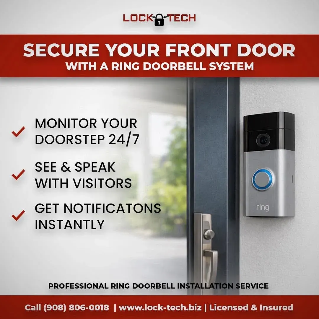 Ring doorbell ad with red headline, silver doorbell camera, and bullets for monitoring, speaking, and notifications