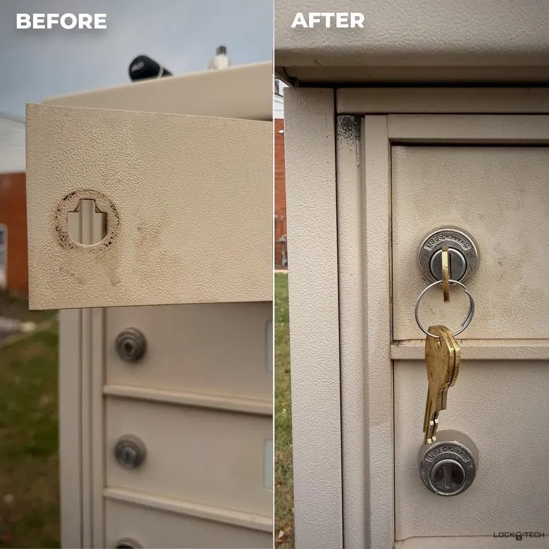 Before-and-after close-up of a mailbox lock, showing keys inserted on the after side.