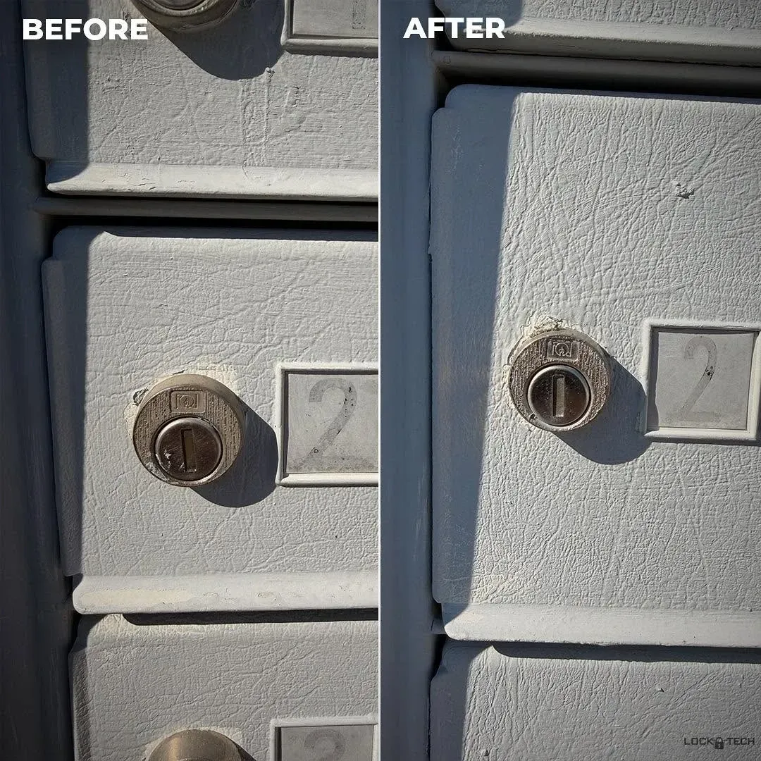 Before-and-after close-up of a gray mailbox door with a lock and number 2, showing a cleaner finish.