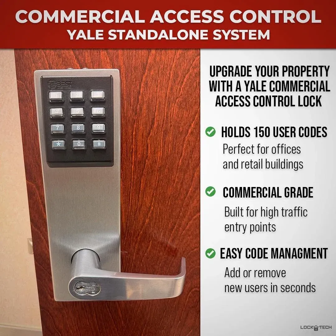 Advertisement for a Yale commercial access control keypad lock on a wood door, with feature text.