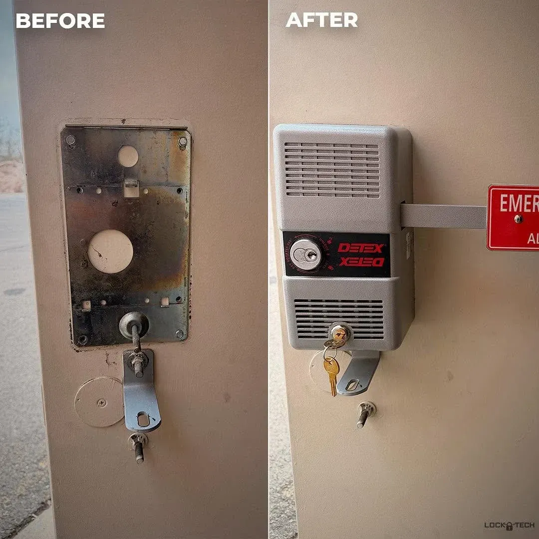 Before-and-after of a wall-mounted fire alarm replacement on a beige wall.