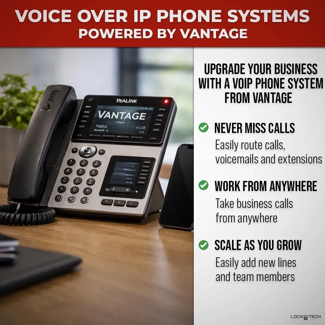 Vantage VoIP phone system ad with desk phone and claims: never miss calls, work anywhere, scale as you grow