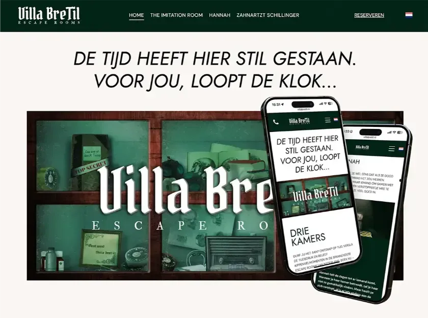 Een screenshot van de website voor villa bre escape room.