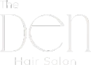 The logo for the den hair salon is a white logo on a white background.