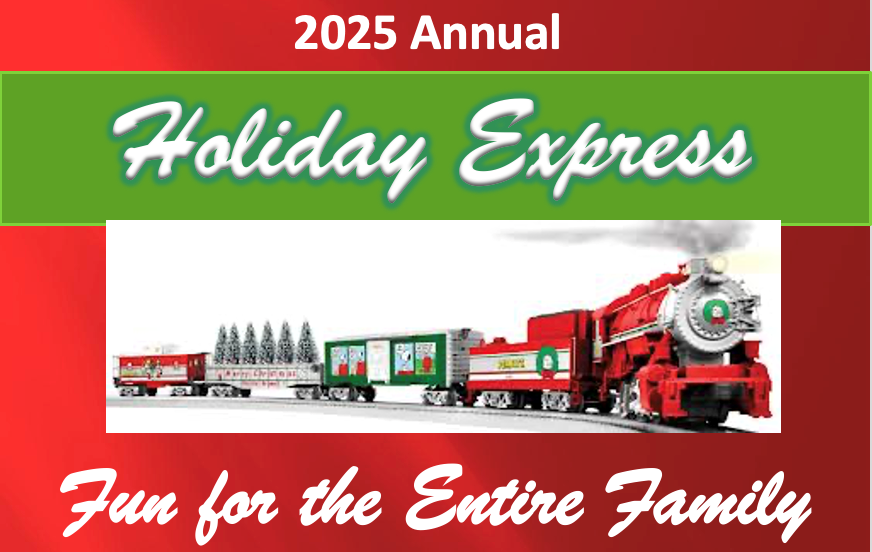 2025 Holiday Express train with red, green, and white cars; 