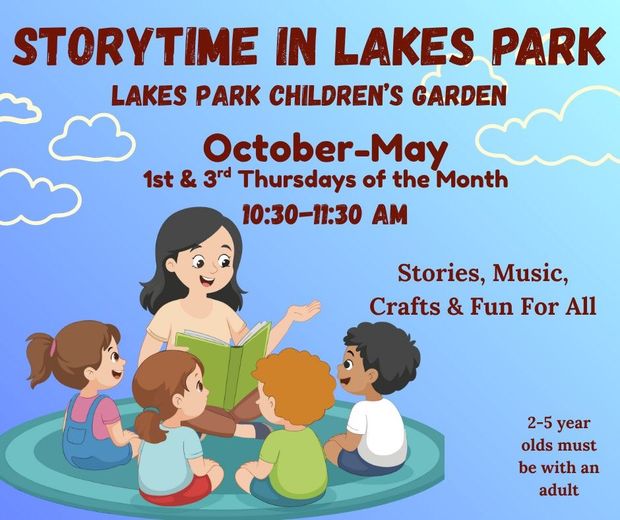 Poster for Storytime in Lakes Park, featuring a woman reading to children in the garden