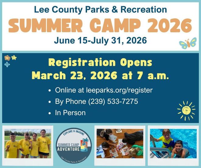Summer camp 2026 registration flyer. Dates: June 15-July 31, 2026. Opens March 23, 2026 at 7 a.m. Various activities shown.