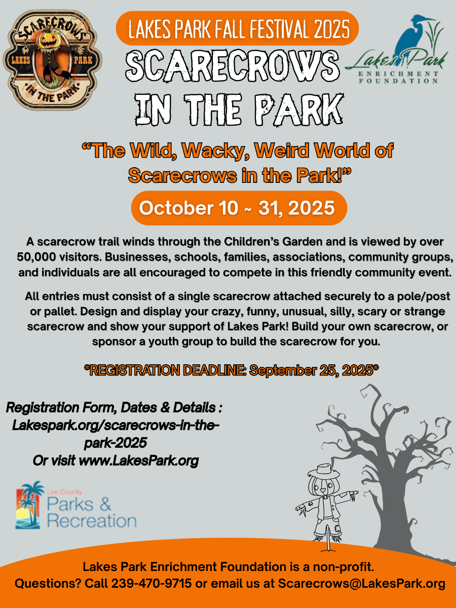 A poster for a scarecrows in the park event.