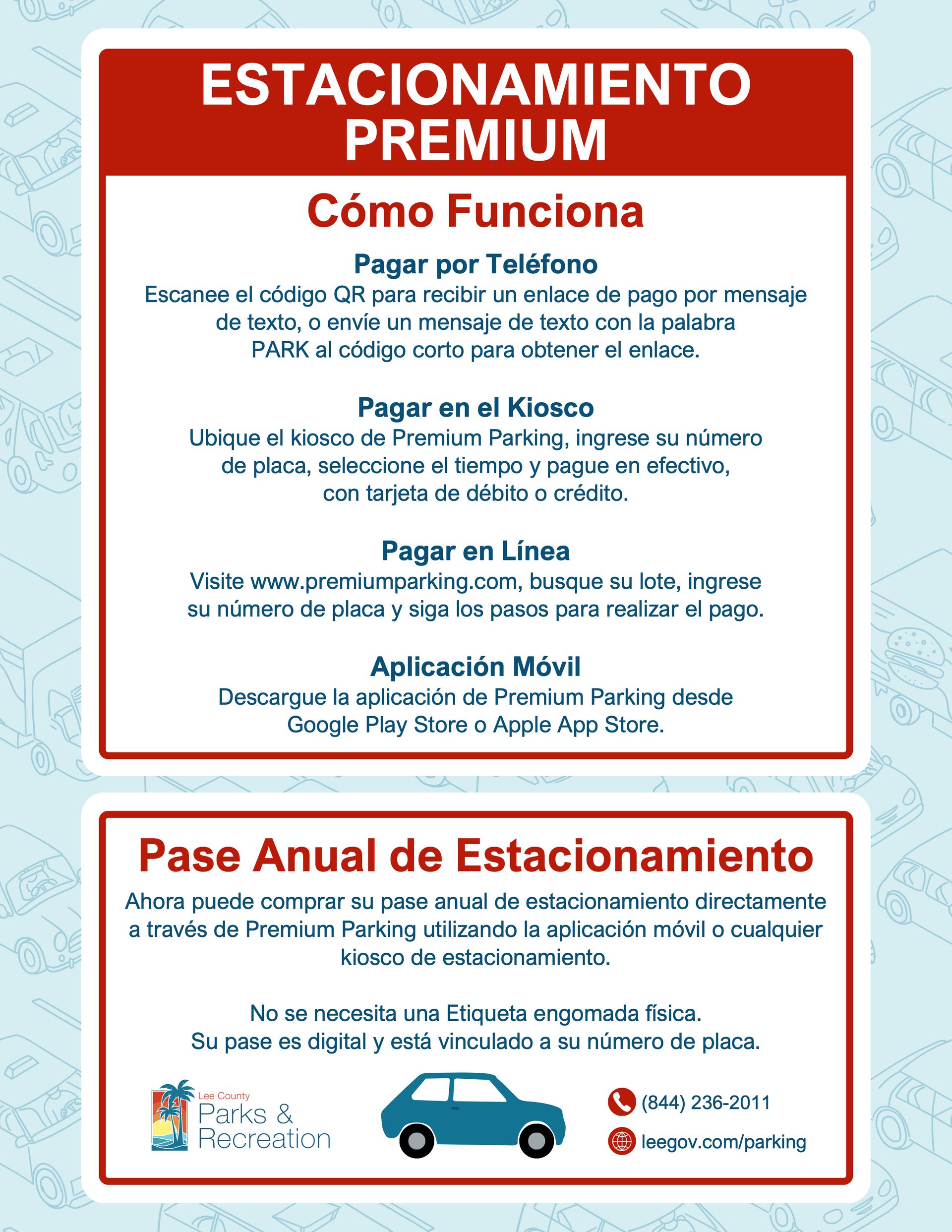 Sign for premium parking, detailing payment methods and an annual pass option.