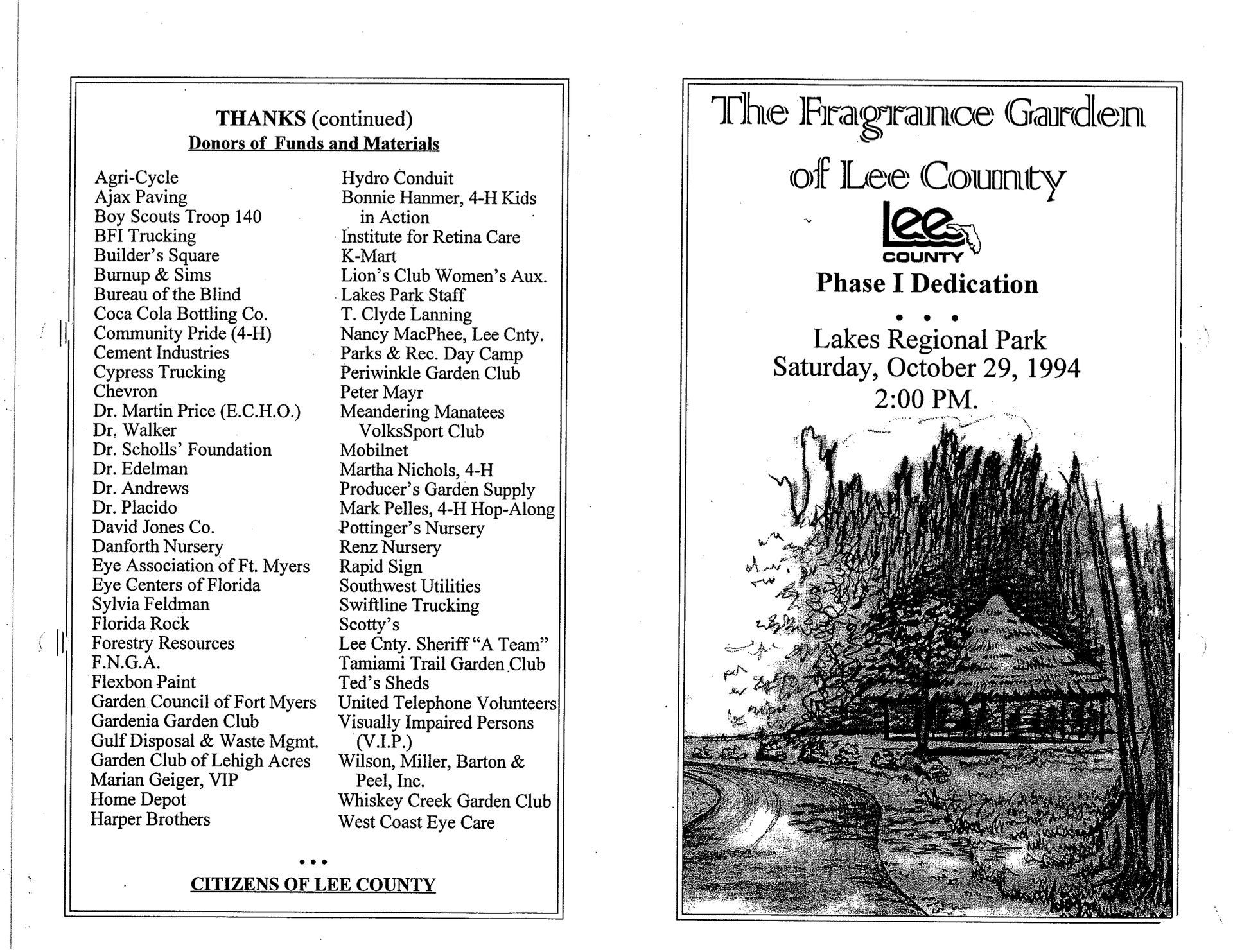 A black and white brochure for the fragrance garden of lee country