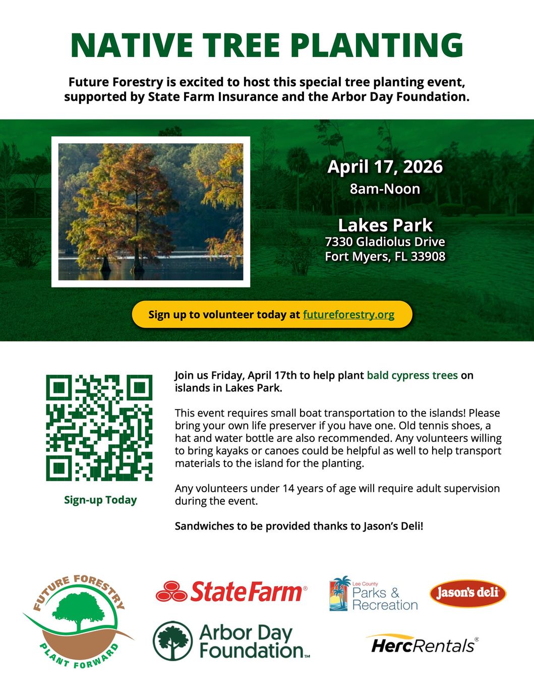 Flyer for a Native Tree Planting event on April 17, 2026, at Lakes Park, sponsored by State Farm and Arbor Day Foundation.