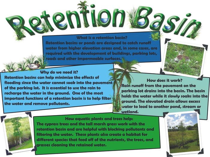 Diagram explains the purpose of retention basins. It has text, photos, and a title.
