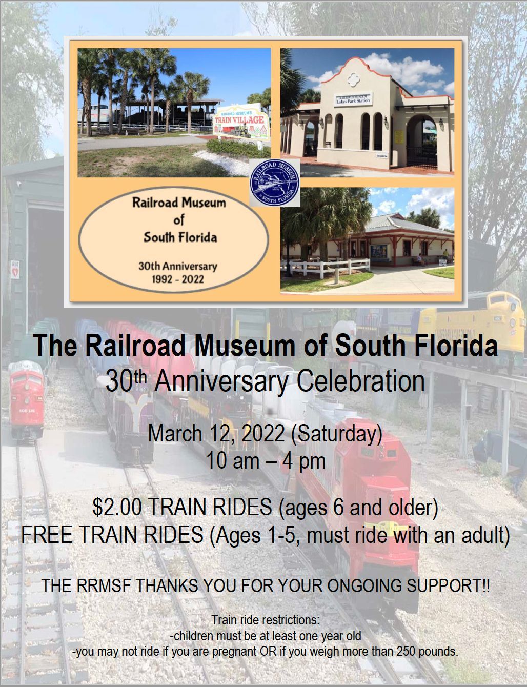 A poster for the railroad museum of south florida 's 30th anniversary celebration.