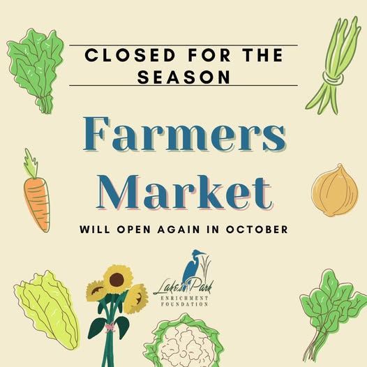 A poster for the lakes park farmers market every wednesday from 9am to 1pm