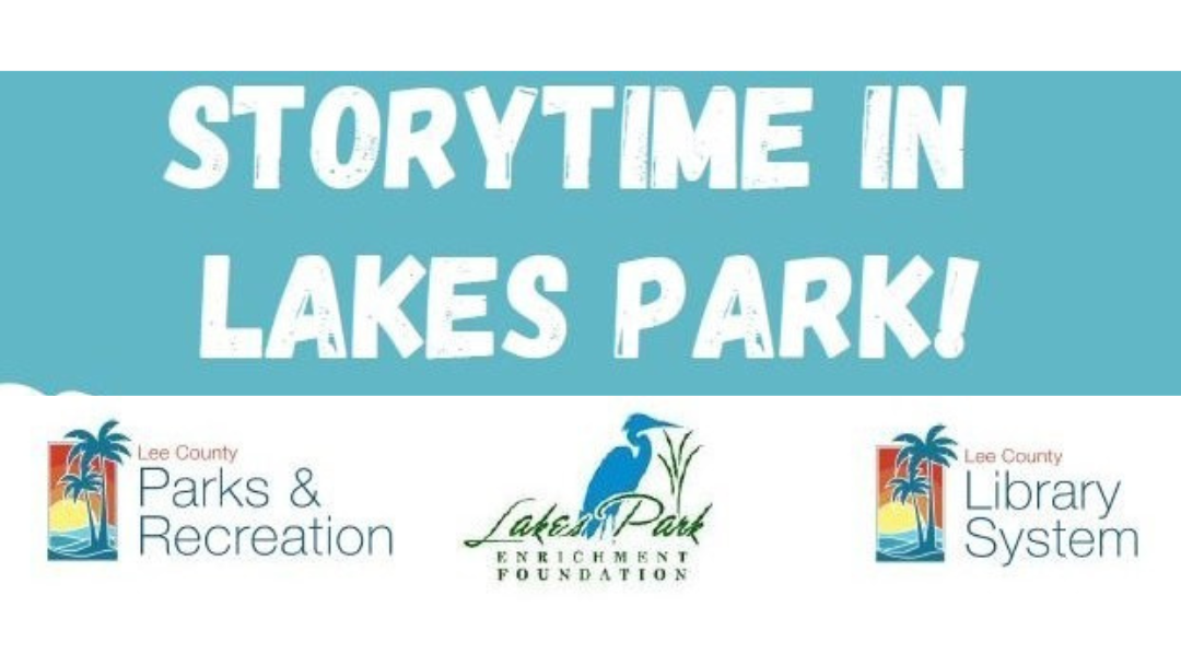 A sign that says storytime in lakes park
