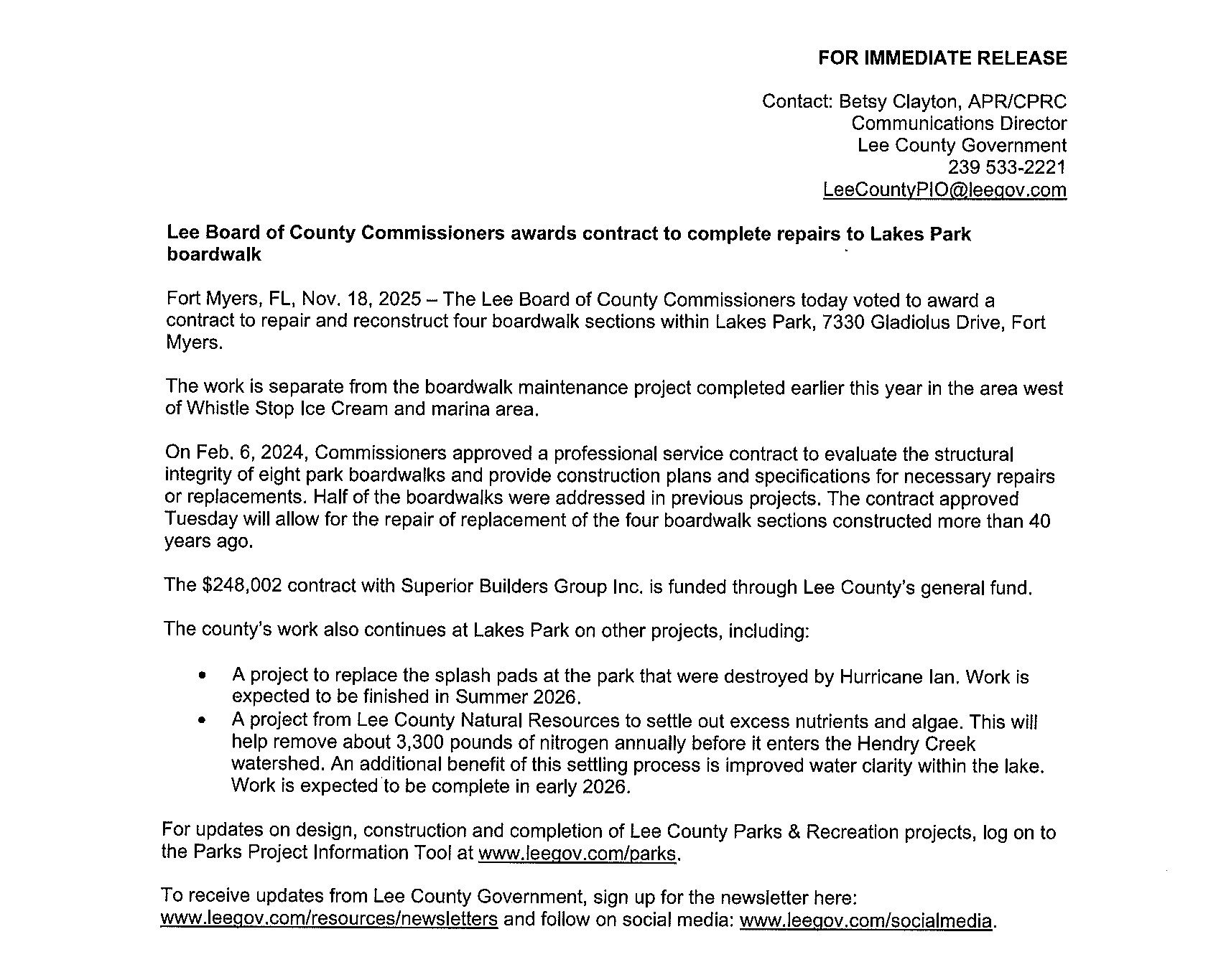 Press release about a park splash pad project in Lee County.