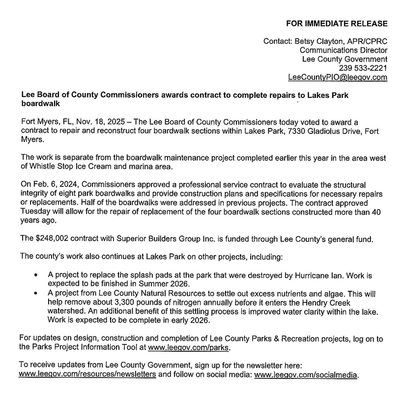 Press release about a park splash pad project in Lee County.