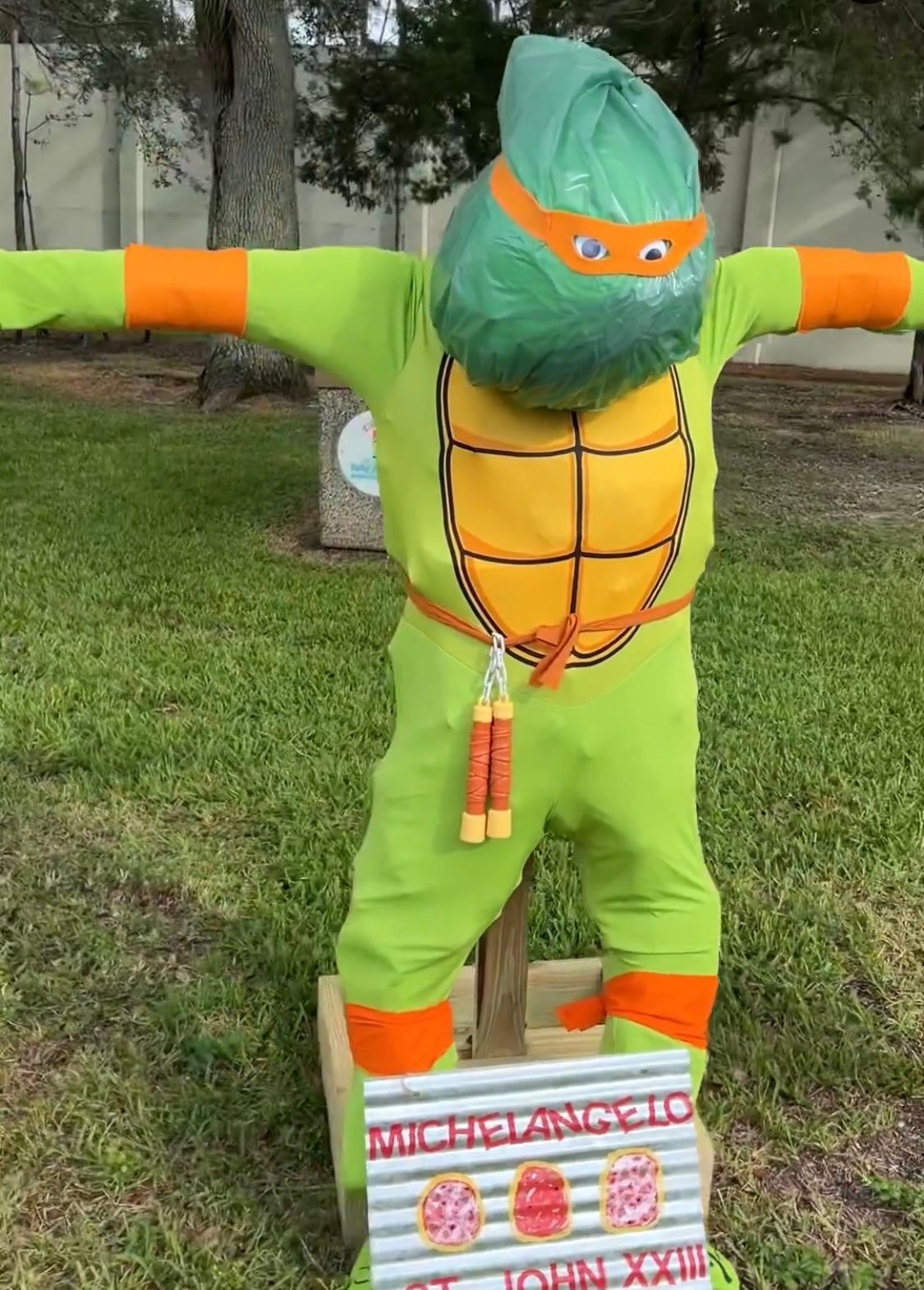 A scarecrow dressed as a teenage mutant ninja turtle is standing in the grass.