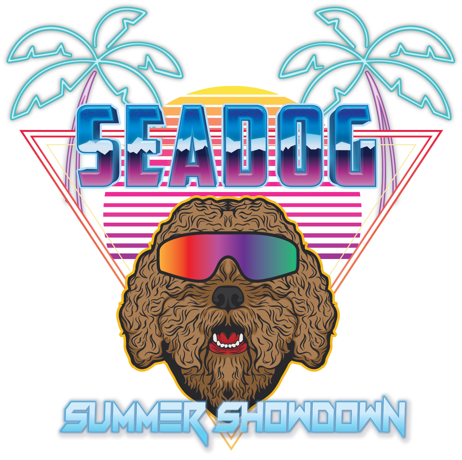 A retro 80s-style graphic of a brown doodle dog wearing colorful sunglasses, framed by palm trees and the text