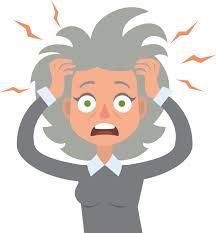 Woman with gray hair clutches head, wide-eyed, with stress symbols around her head.