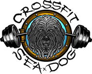 CrossFit Sea Dog logo: a shaggy dog's face centered in a porthole, flanked by barbell weights, with text around the circle.