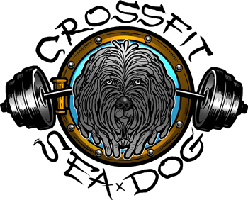 CrossFit Sea Dog logo: a shaggy dog's face centered in a porthole, flanked by barbell weights, with text around the circle.