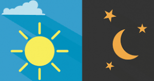 Day and night symbols: yellow sun and cloud on blue; orange moon and stars on black.