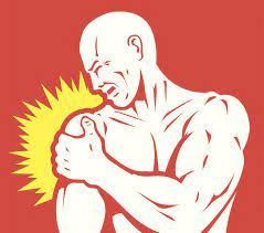 Man clutching shoulder in pain, yellow burst indicates injury, red background.