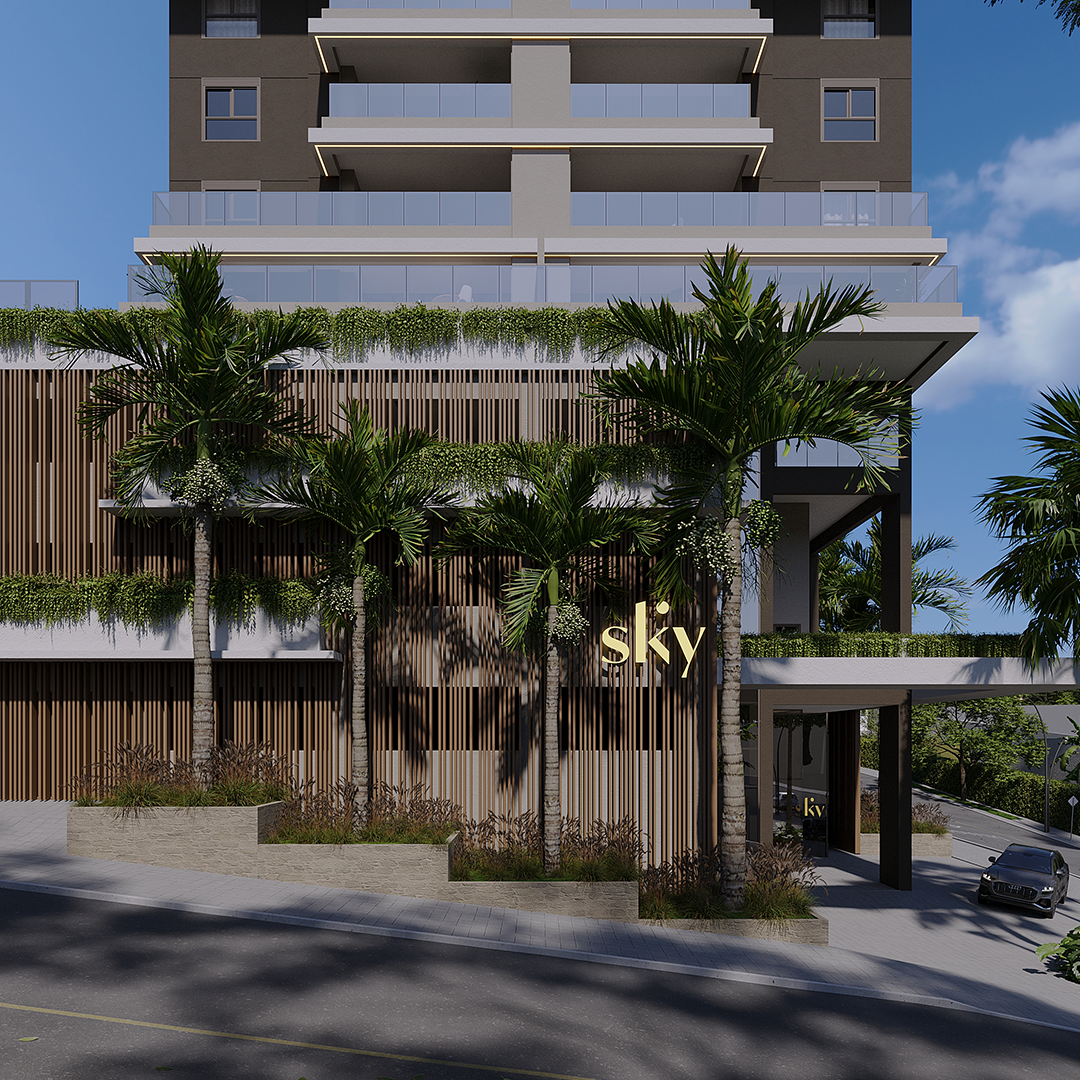 Entrada de edifício alto e moderno com placa 