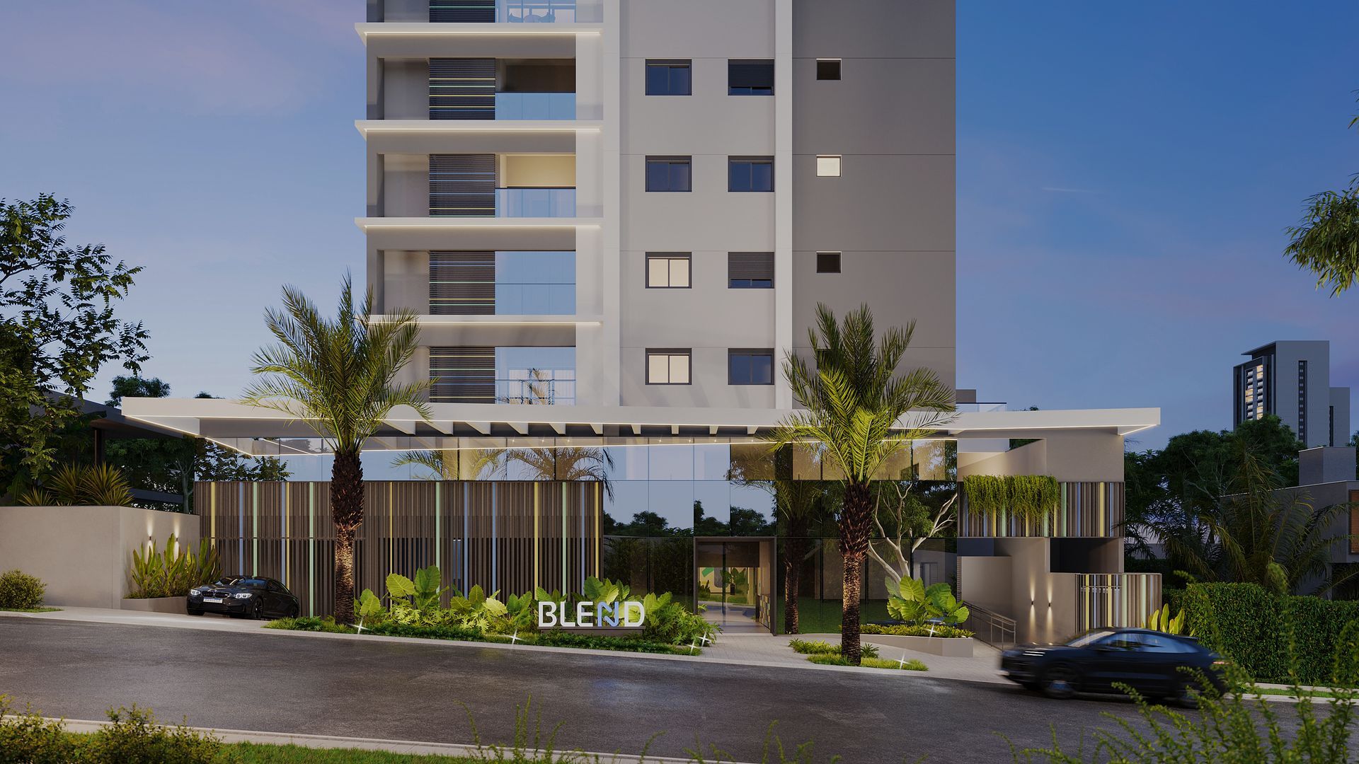 Uma impressão artística de um edifício alto com palmeiras na frente.