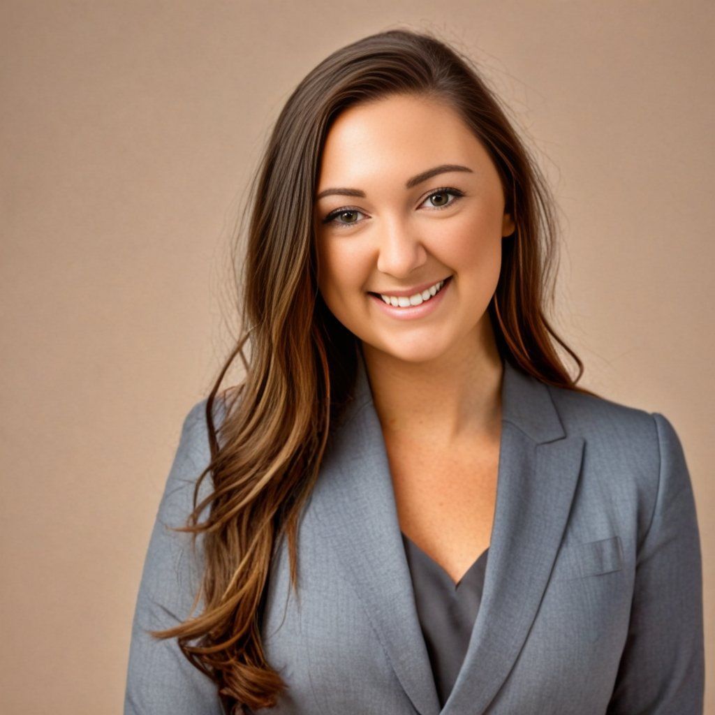 Woman in a gray blazer smiles, with long brown hair, against a neutral background.