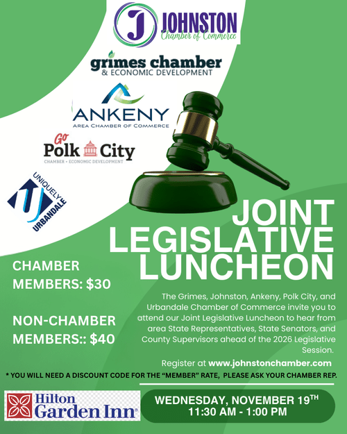 Flyer for a Joint Legislative Luncheon hosted by several chambers of commerce. A gavel is on a podium.