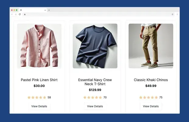 Clothing items displayed in a grid: pink shirt, navy t-shirt, and khaki chinos.