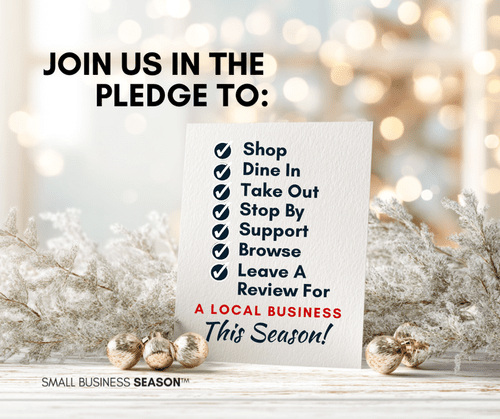 Pledge card with checklist to support local businesses: shop, dine, take out, stop by, support, browse, leave review.