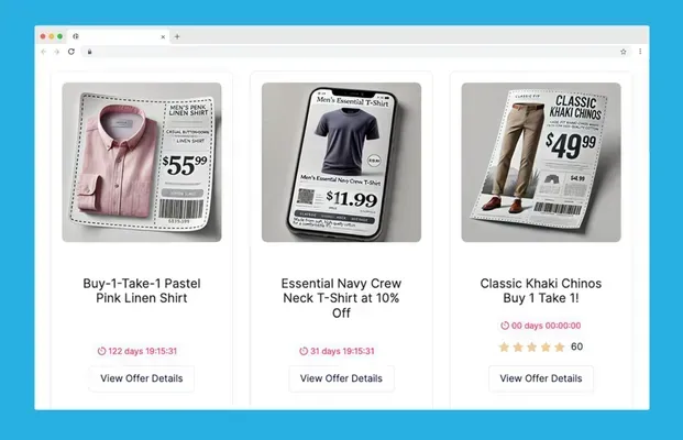 Three product cards: Pink shirt, navy t-shirt on a phone, and khaki pants. All with coupons.