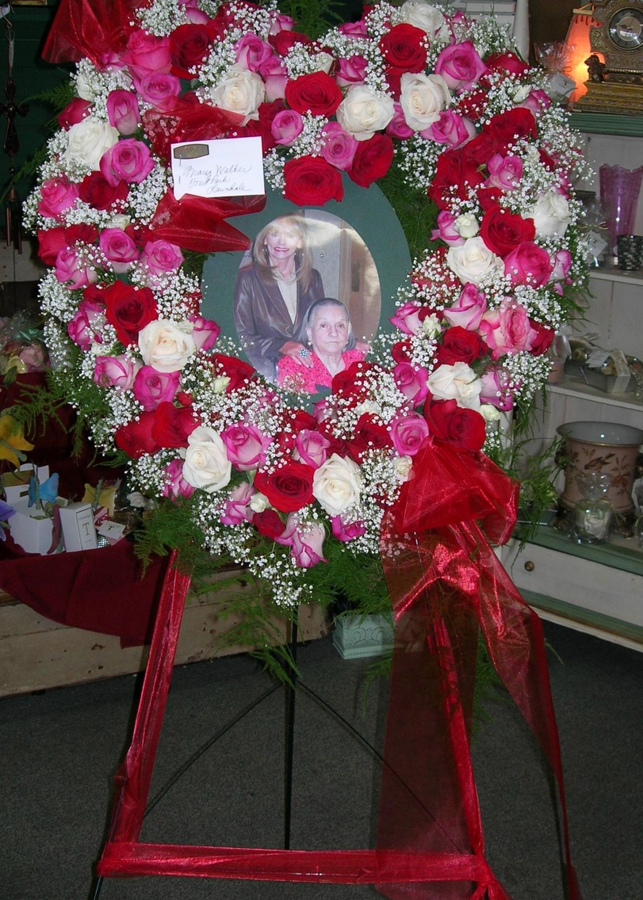 Funeral Easels — Red, White, and Pink Flower Heart with Photo in Houston, TX