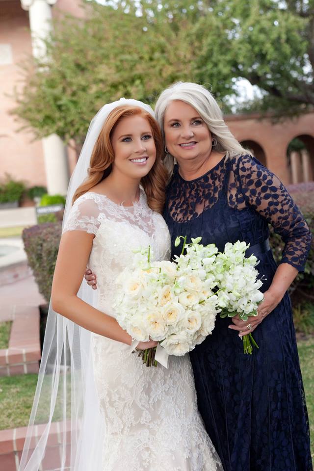 Wedding Bouquet — Bride and Her Mother Smiling with White Flower Bouquet in Houston, TX