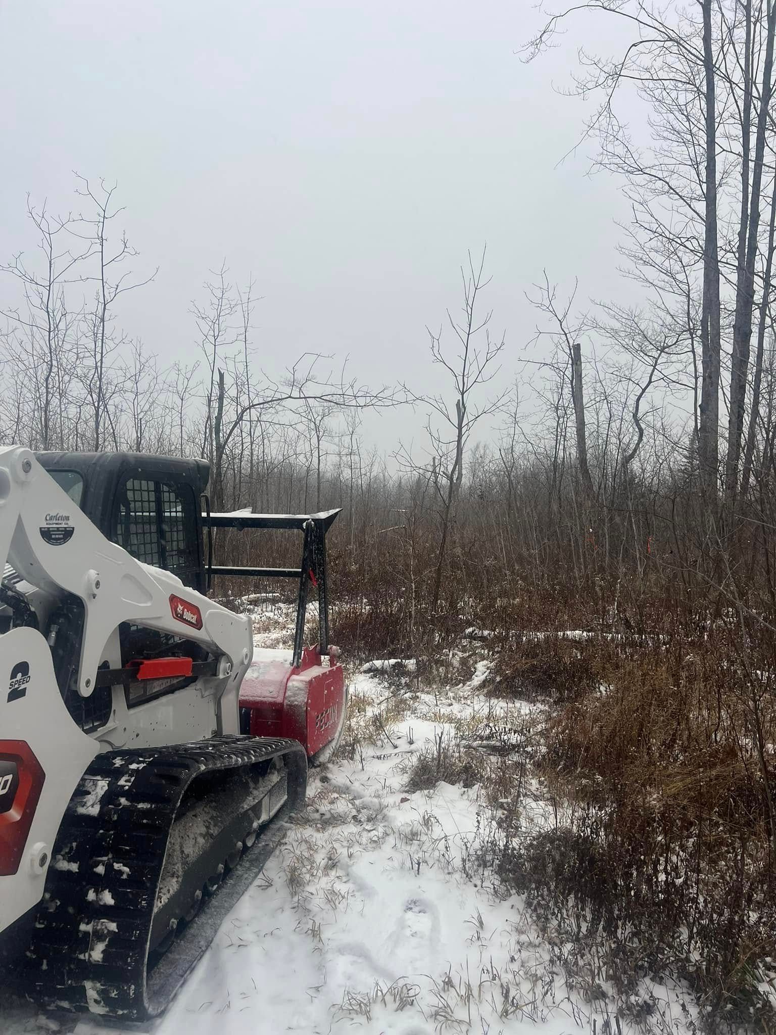 White and red Bobcat clearing brush in a snowy forest.