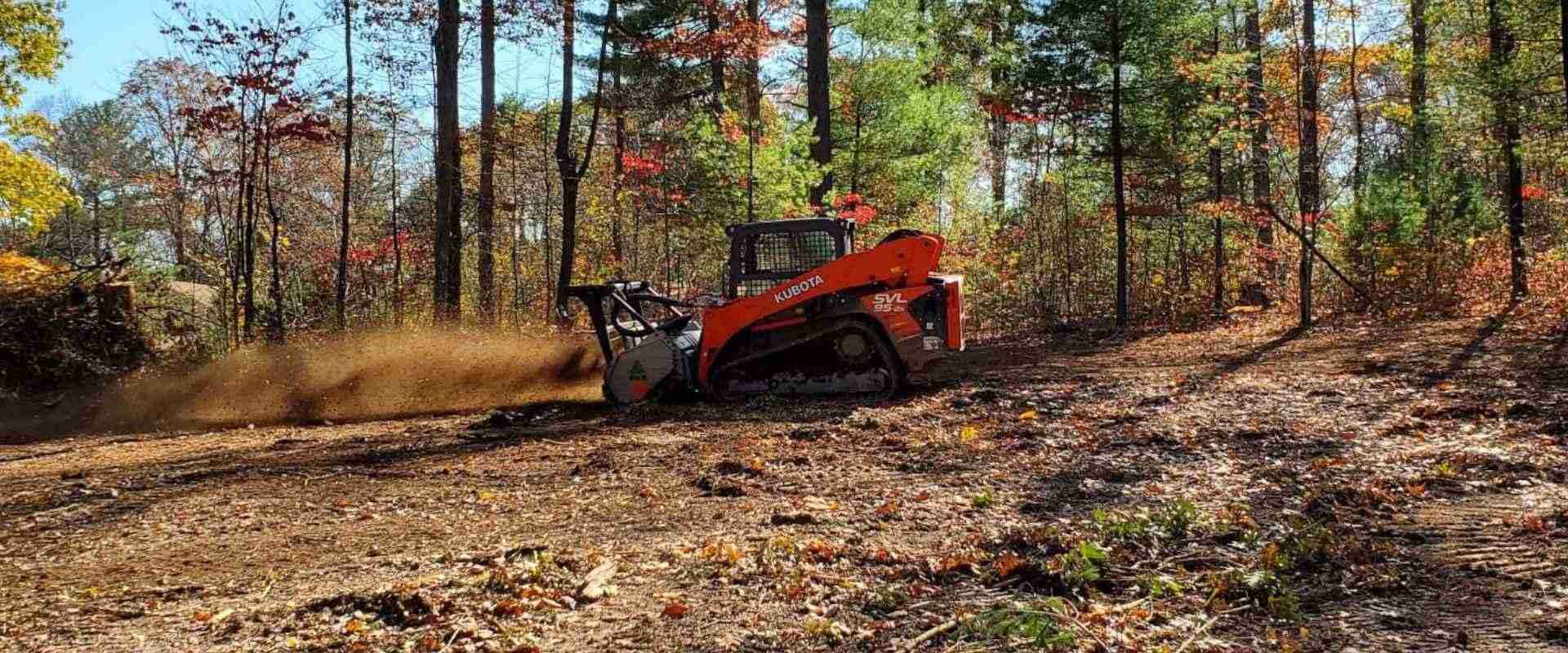An orange skid steer clearing land with dust billowing in front of it, surrounded by trees.