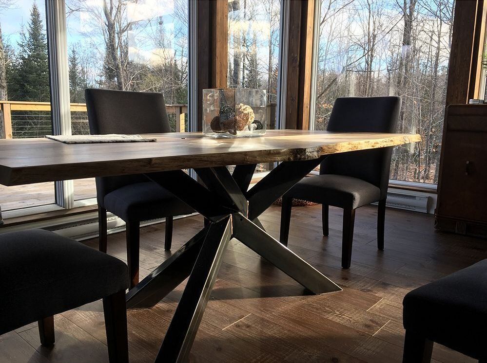 A dining room table and chairs in front of a large window.