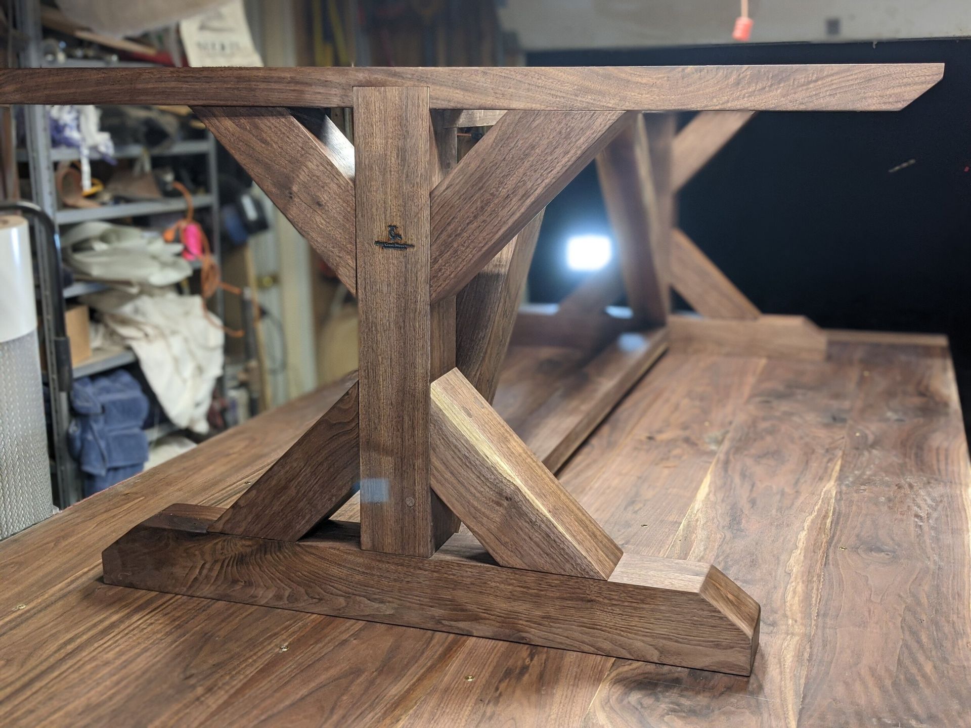 A wooden table is sitting on top of a wooden table