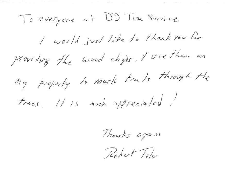 Handwritten note thanking DD Tree Service for wood chips used to mark trails.