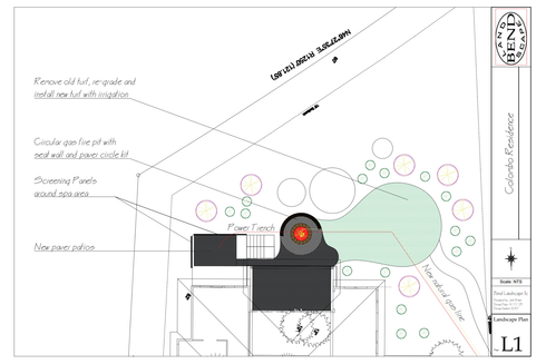 Architectural plan with a shaded building structure, a green area, and annotations, possibly for a garden or outdoor space.