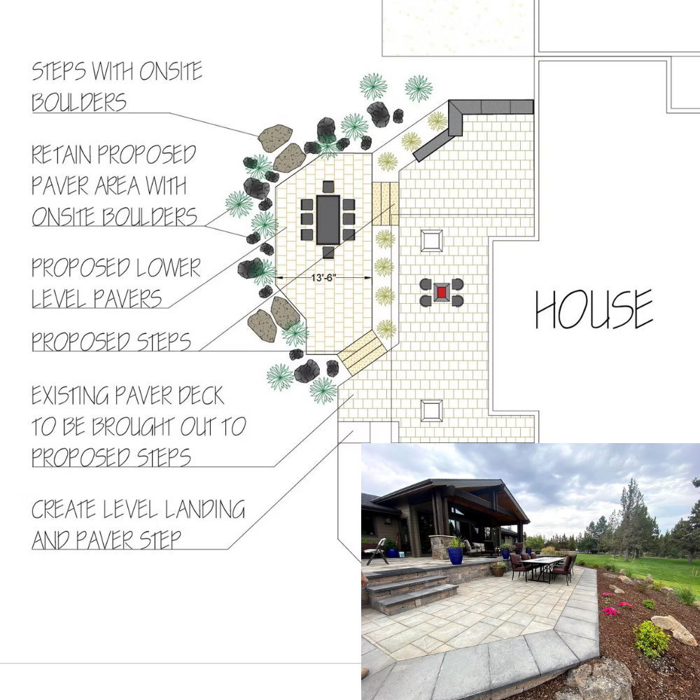 Landscape design plan showing a patio with pavers, steps, boulders, and a dining area, connected to a house.
