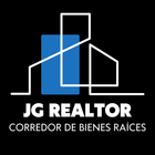 El logotipo de jg realtor corredor de bienes raices es azul y blanco sobre fondo negro.