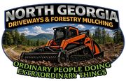North Georgia driveways and forestry mulching logo with orange mulcher in a wooded mountain landscape