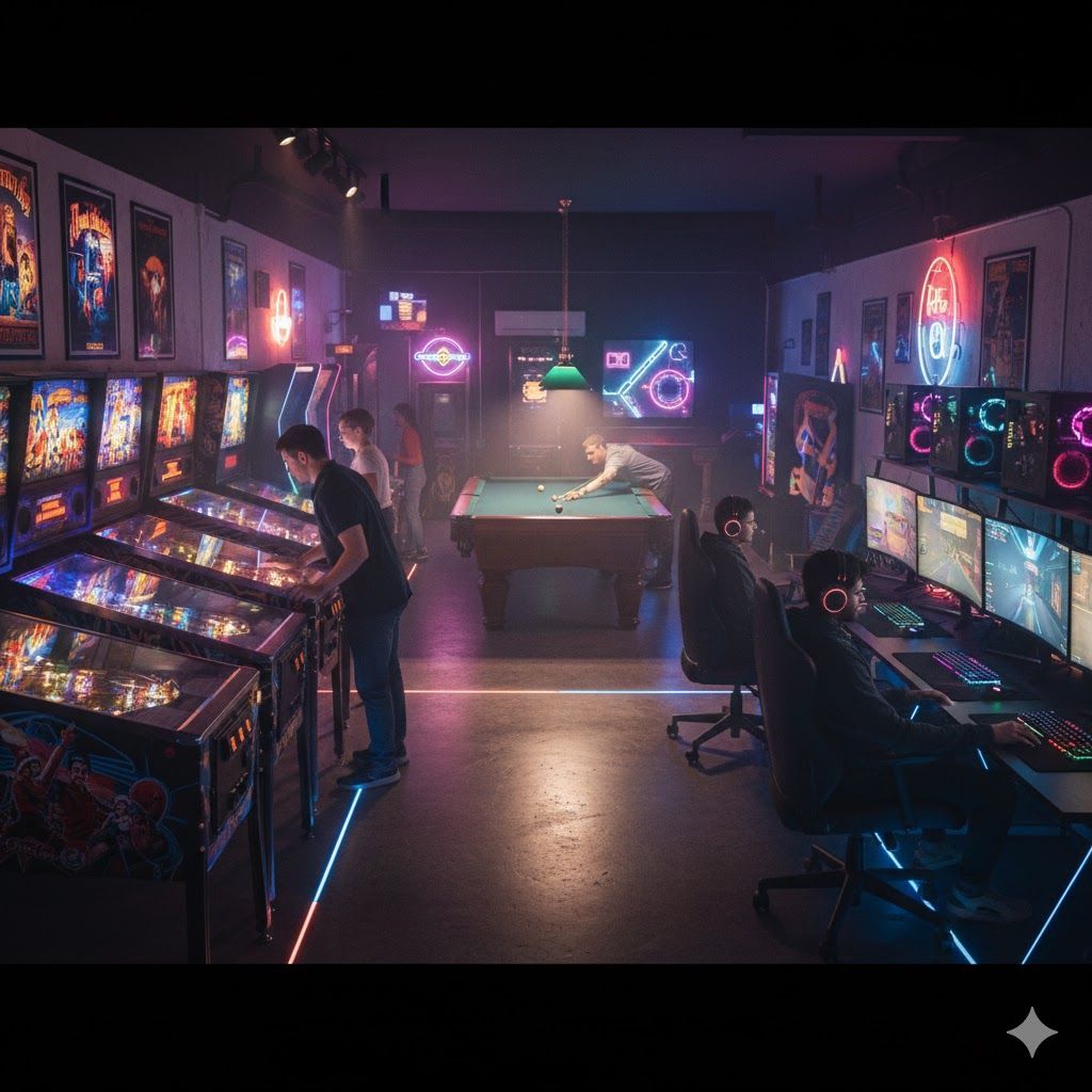 Sala giochi con flipper, tavolo da biliardo e postazioni di gioco al computer illuminate da luci al neon.