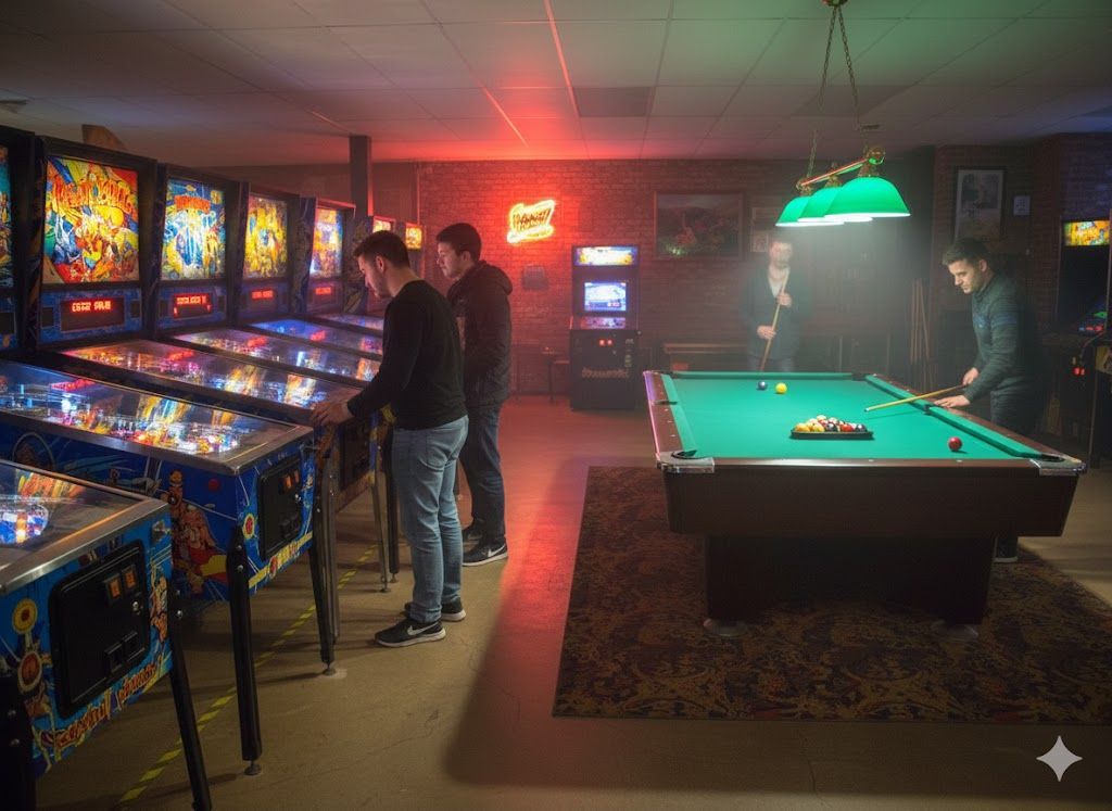 Uomini che giocano a flipper e a biliardo in una sala giochi scarsamente illuminata con insegne al neon.