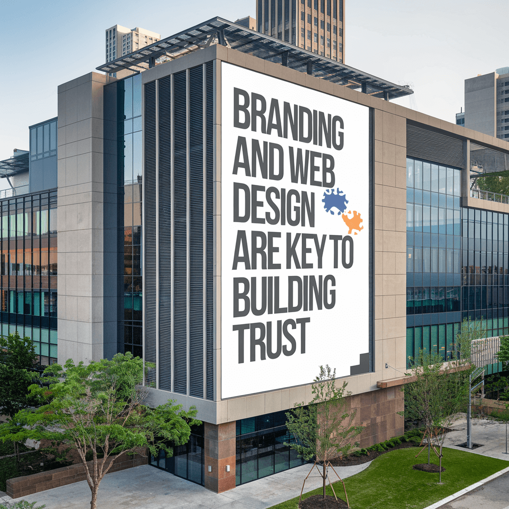 A large billboard on the side of a building says branding and web design are key to building trust